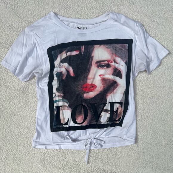 On Fire LOVE Graphic Womens Medium Tie Front T-Shirt Top - Picture 1 of 7